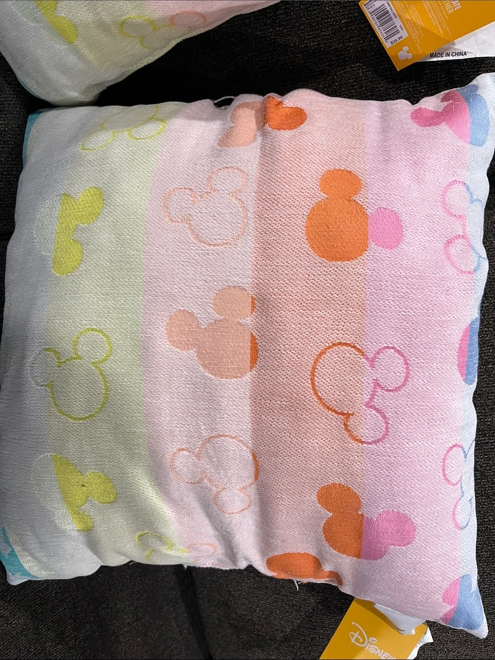 2 Disney Pastel Rainbow Mickey Head Throw Pillow - Pink Orange Yellow Green Blue